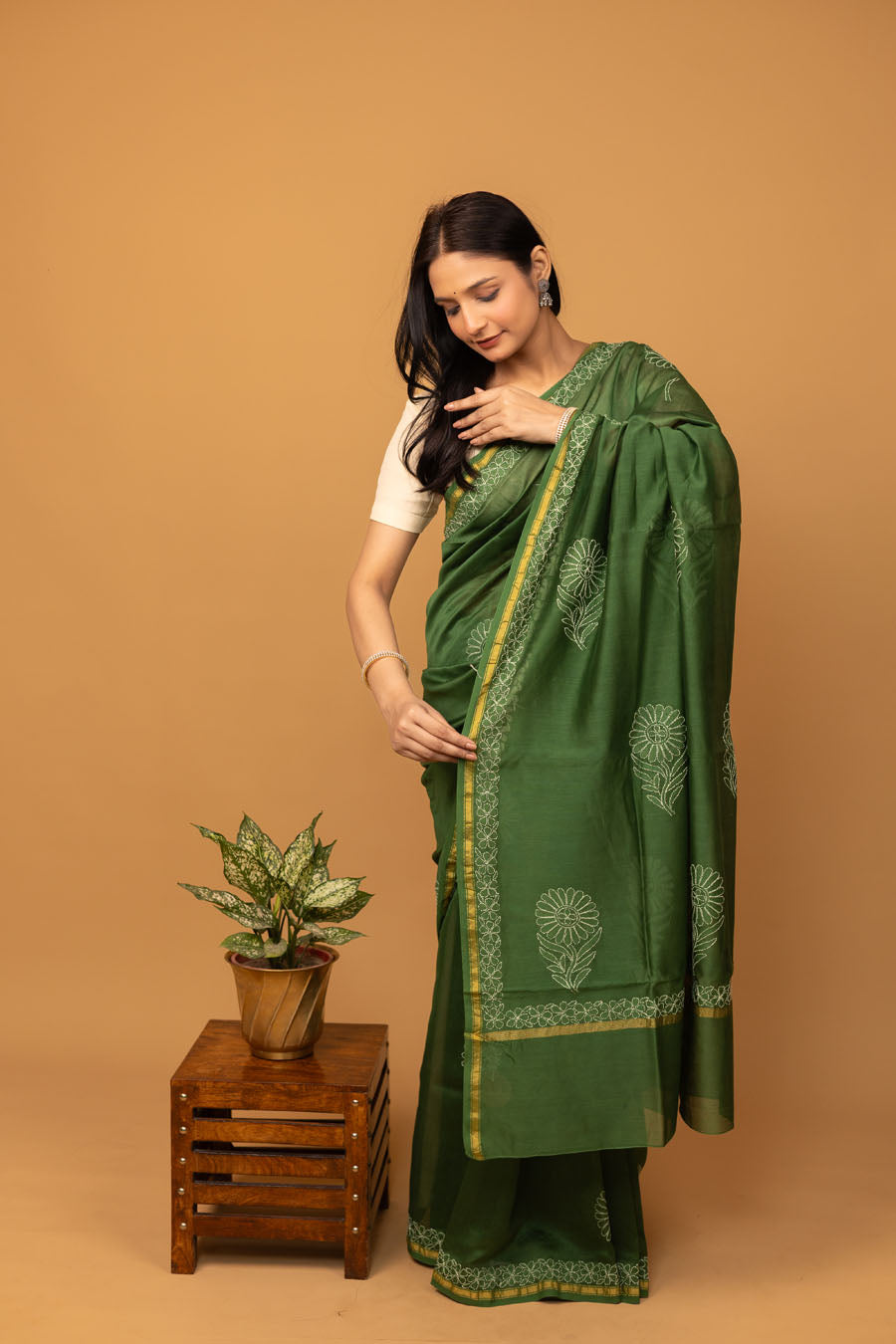 Urvashi | Jade Green Chanderi Silk Chikankari Saree