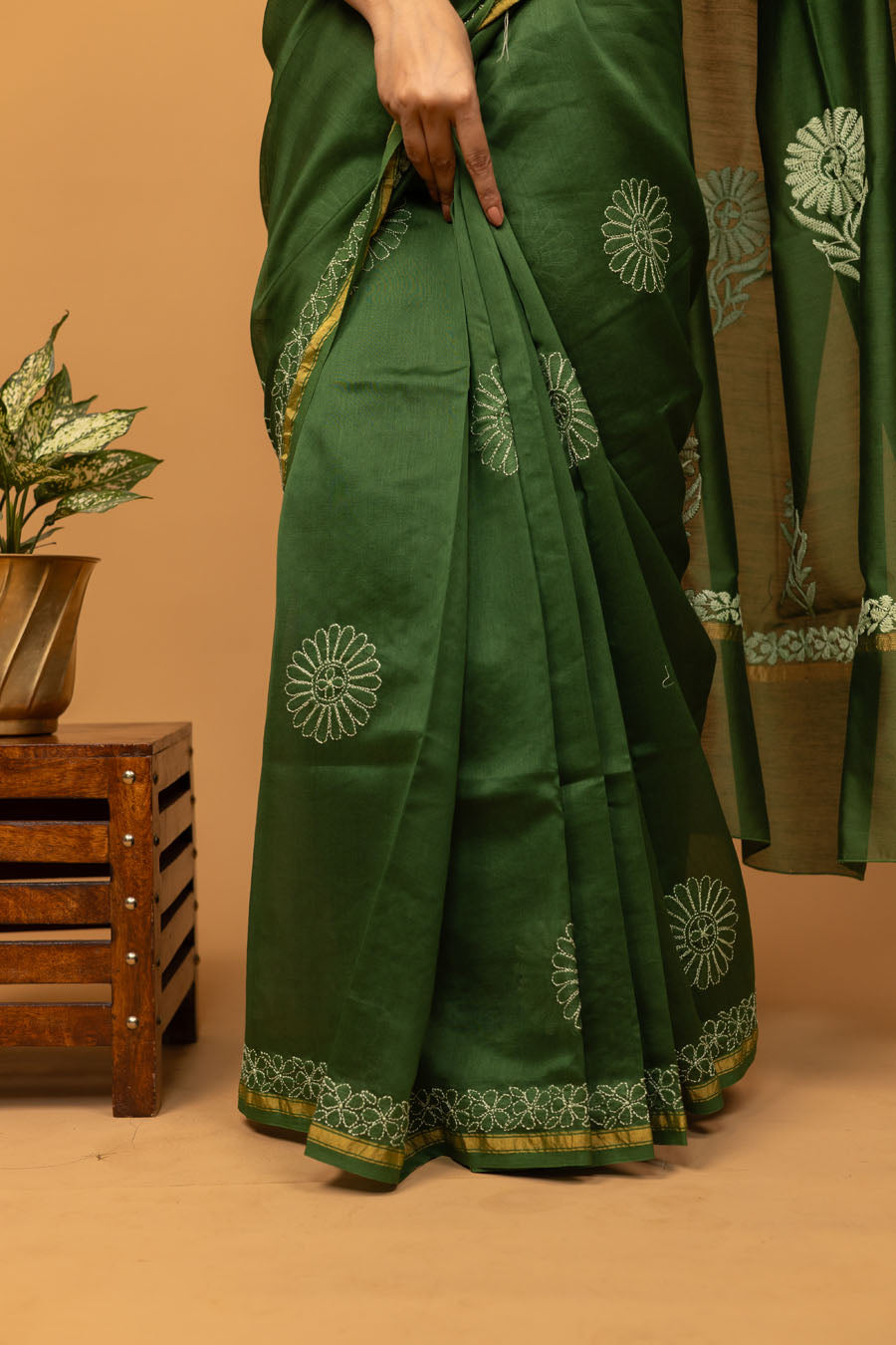 Urvashi | Jade Green Chanderi Silk Chikankari Saree