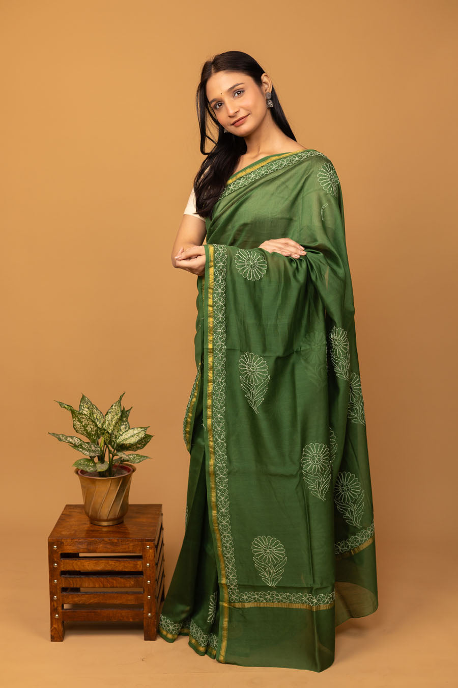 Urvashi | Jade Green Chanderi Silk Chikankari Saree