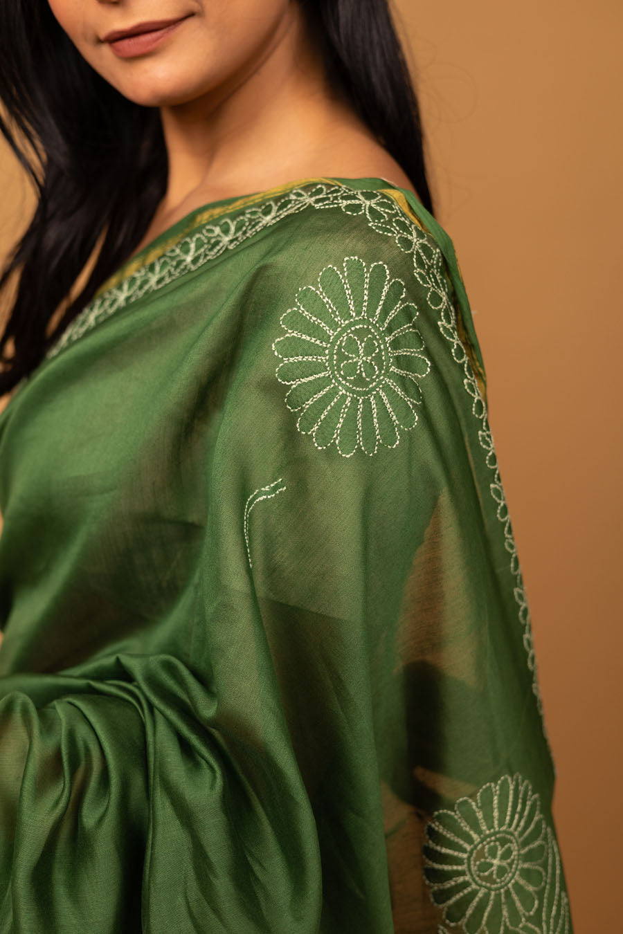 Urvashi | Jade Green Chanderi Silk Chikankari Saree