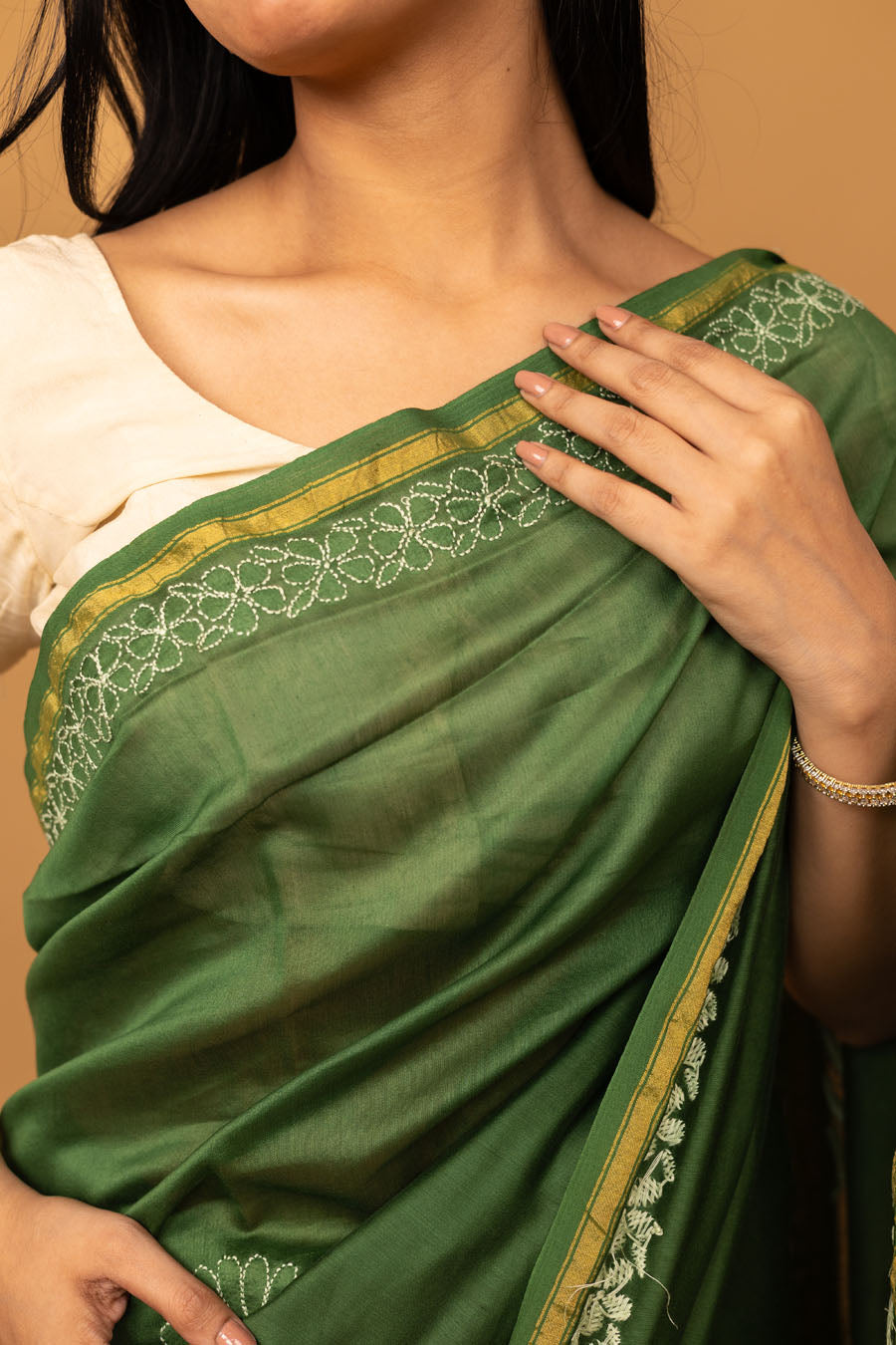 Urvashi | Jade Green Chanderi Silk Chikankari Saree