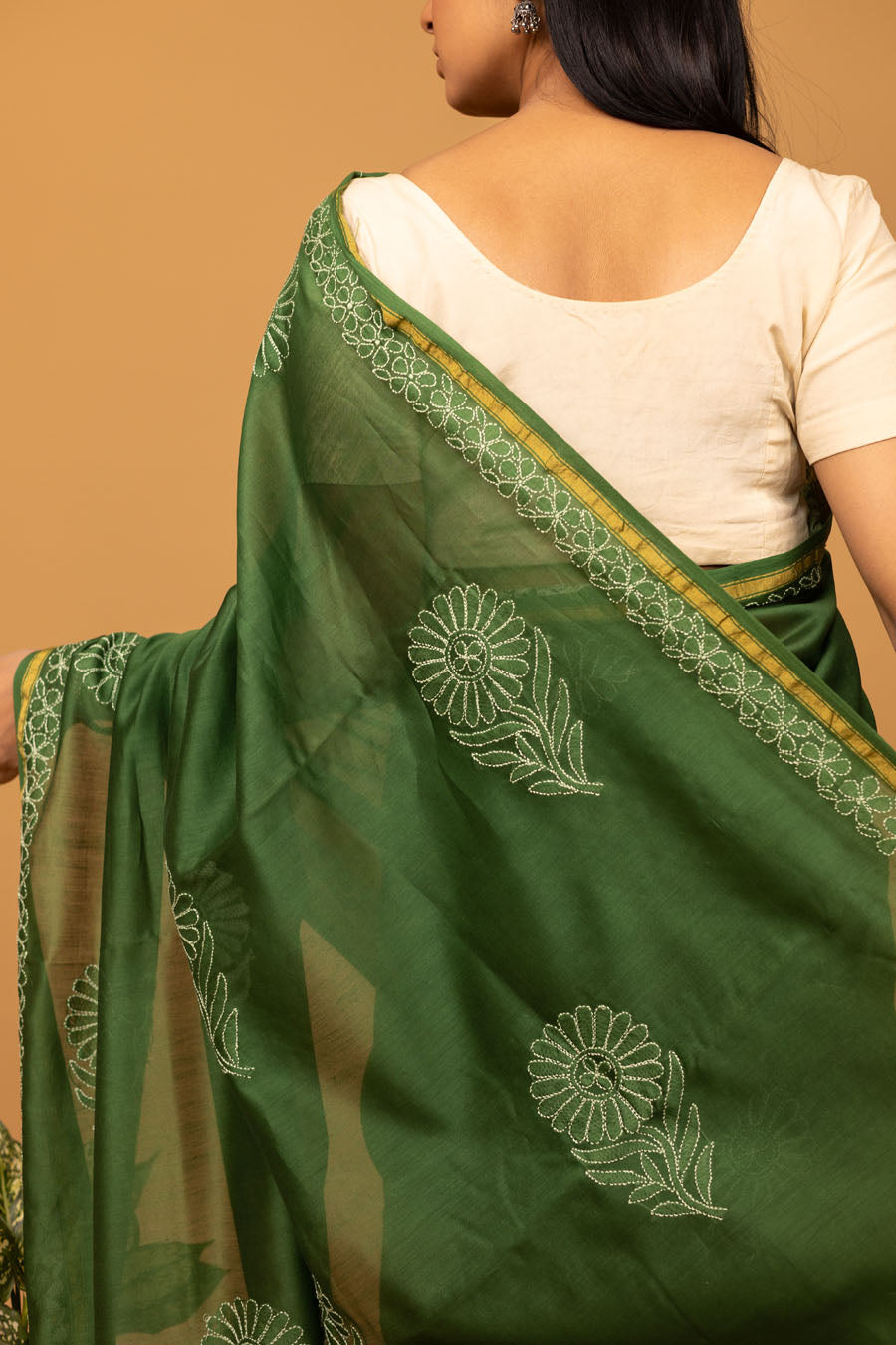 Urvashi | Jade Green Chanderi Silk Chikankari Saree