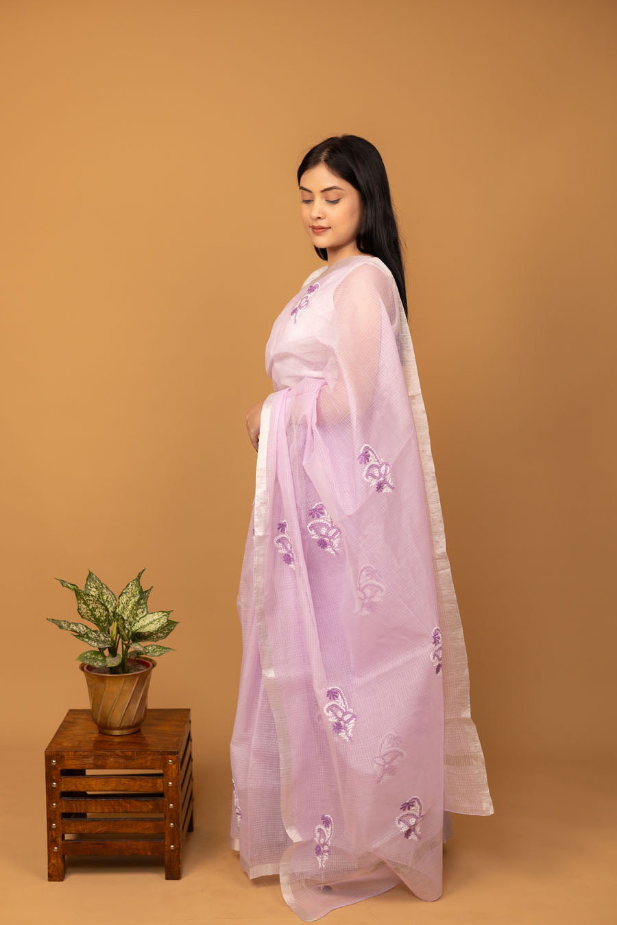 Vidushi | Lilac Whisper Kotadoriya Cotton Saree with Floral Chikankari bootas  with zari border
