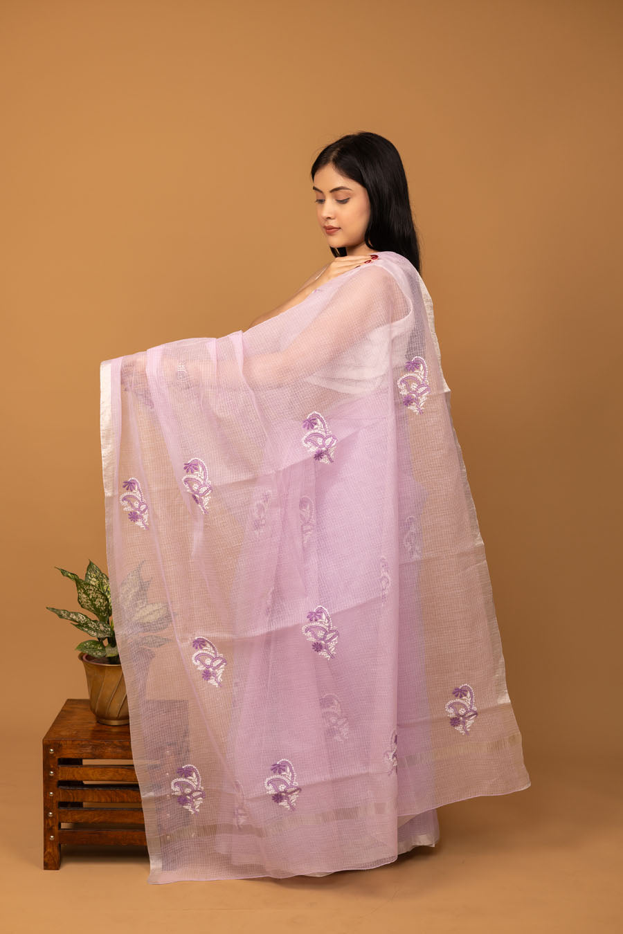 Vidushi | Lilac Whisper Kotadoriya Cotton Saree with Floral Chikankari bootas  with zari border