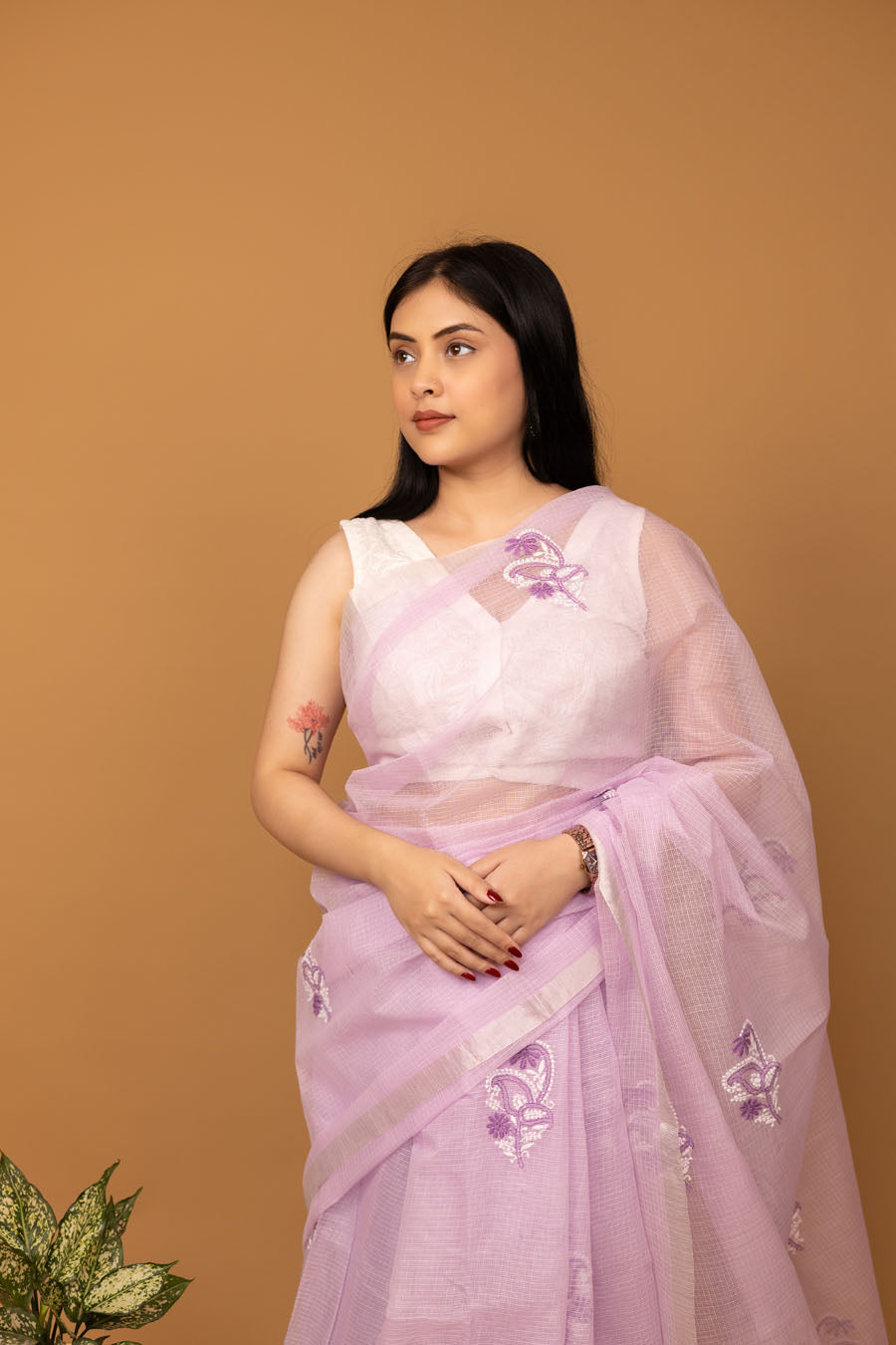 Vidushi | Lilac Whisper Kotadoriya Cotton Saree with Floral Chikankari bootas  with zari border