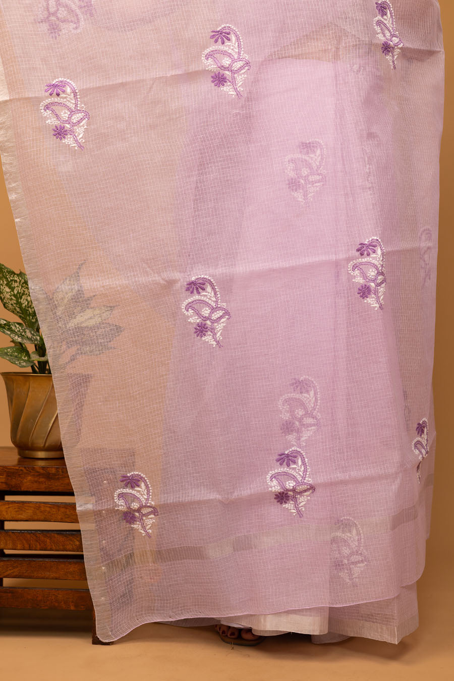 Vidushi | Lilac Whisper Kotadoriya Cotton Saree with Floral Chikankari bootas  with zari border