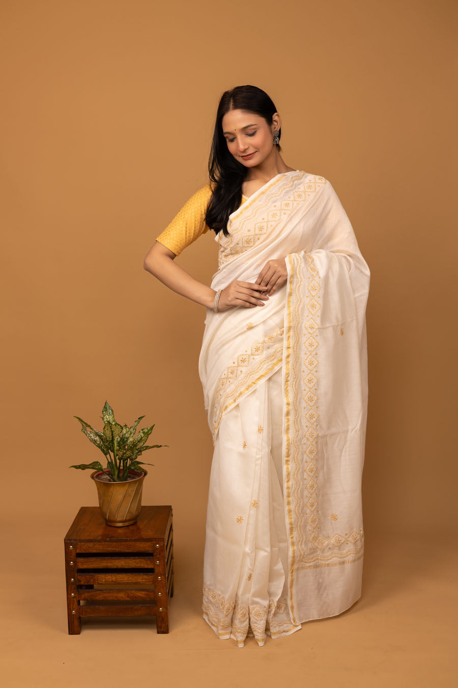 Hansini | Ivory Chanderi Silk Saree with intricate Chikankari