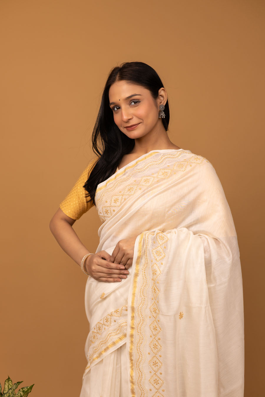 Hansini | Ivory Chanderi Silk Saree with intricate Chikankari
