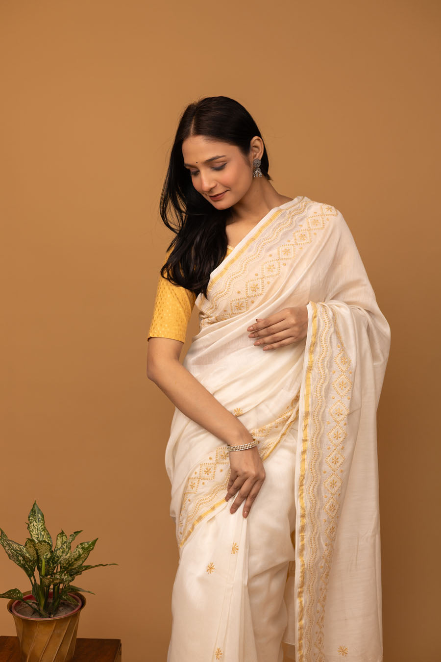 Hansini | Ivory Chanderi Silk Saree with intricate Chikankari