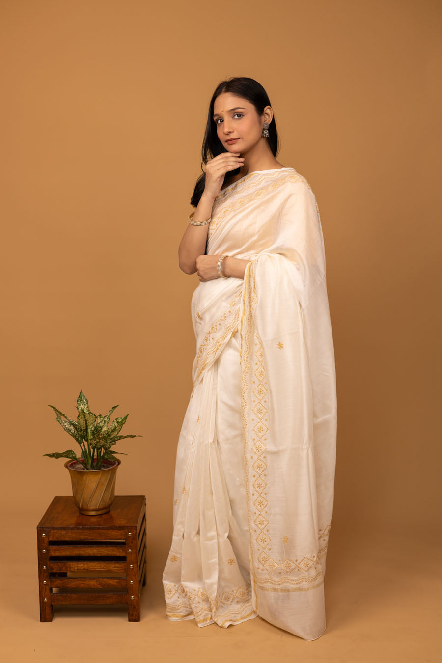 Hansini | Ivory Chanderi Silk Saree with intricate Chikankari