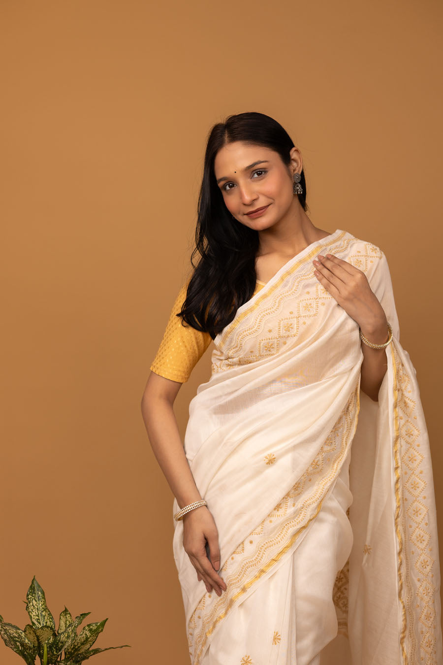 Hansini | Ivory Chanderi Silk Saree with intricate Chikankari