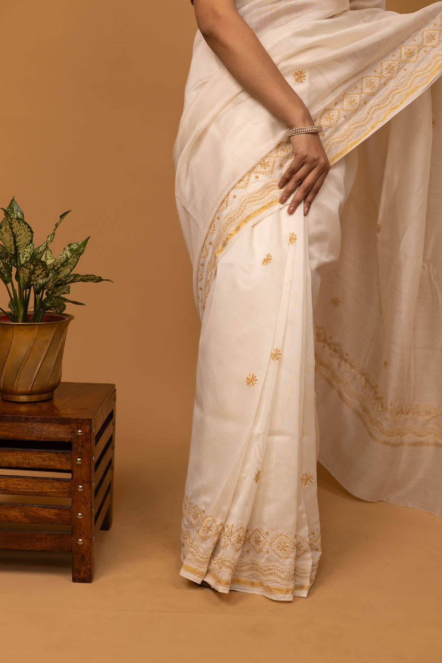 Hansini | Ivory Chanderi Silk Saree with intricate Chikankari