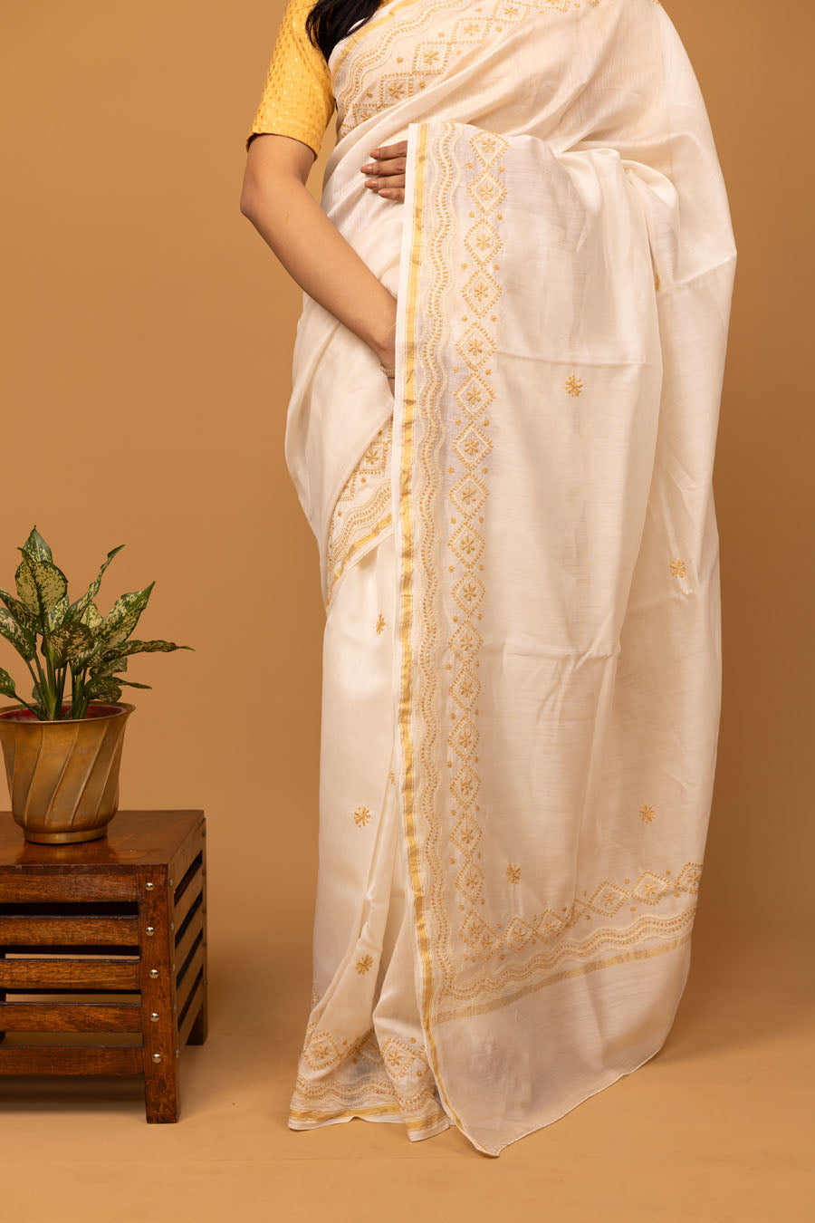 Hansini | Ivory Chanderi Silk Saree with intricate Chikankari