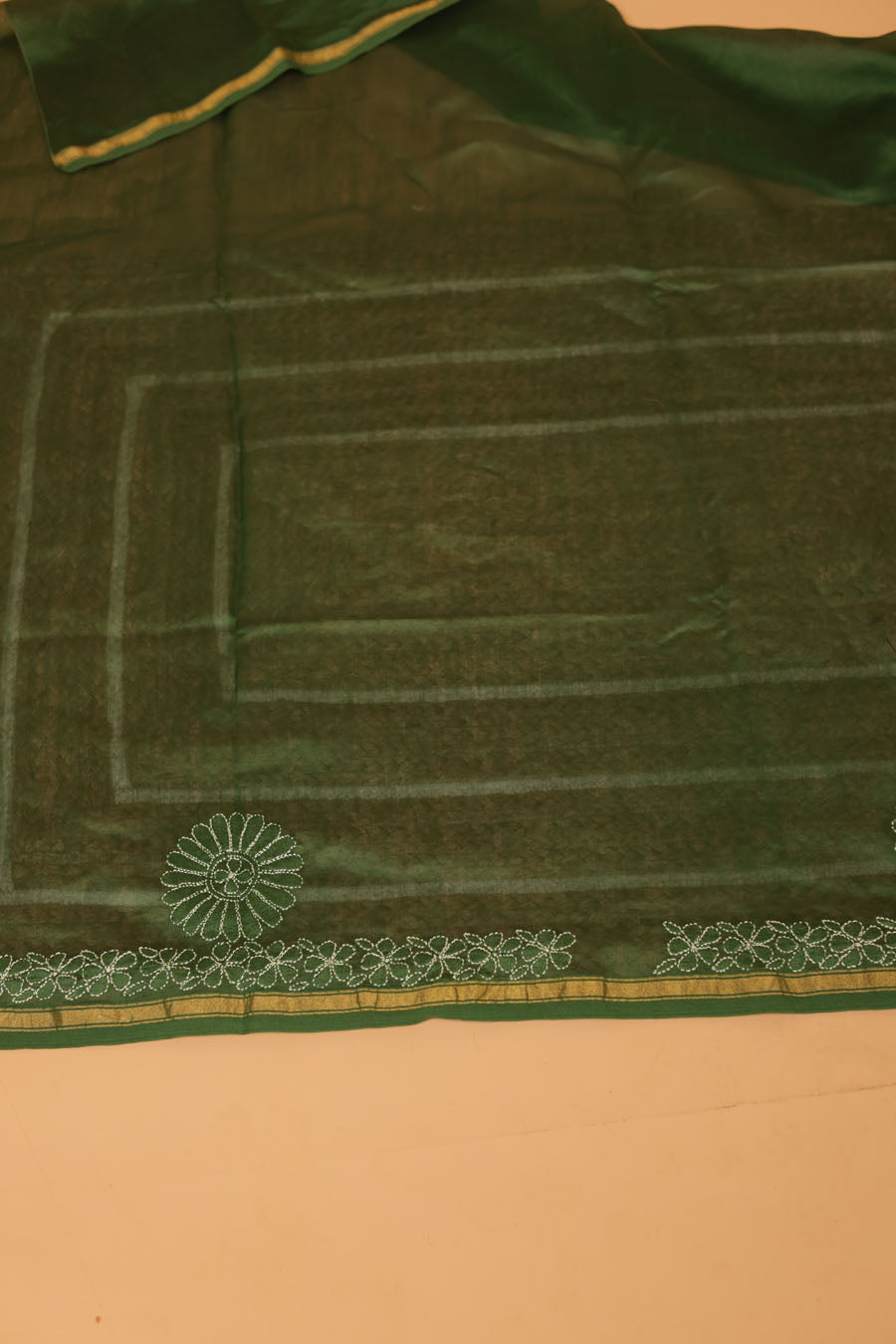 Urvashi | Jade Green Chanderi Silk Chikankari Saree