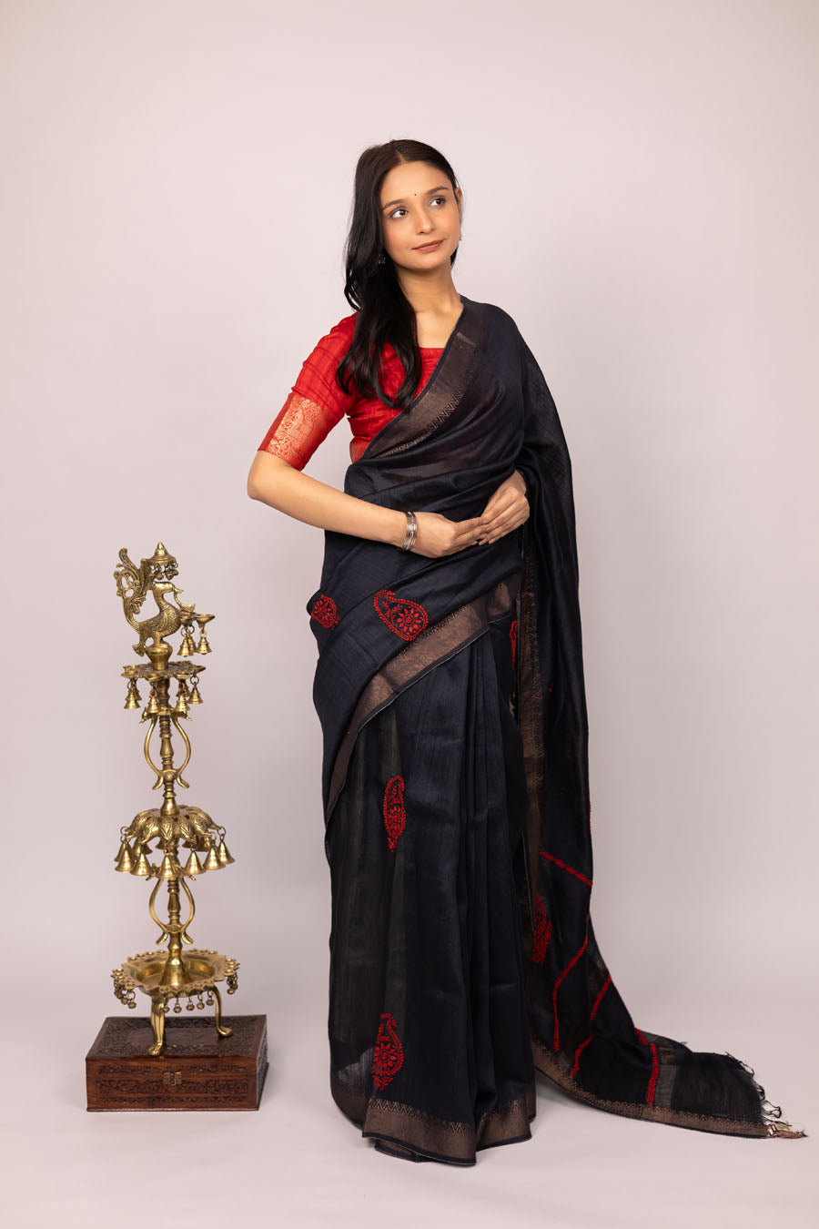 Urvashi | Ebony Black Moonga Silk Chikankari Saree