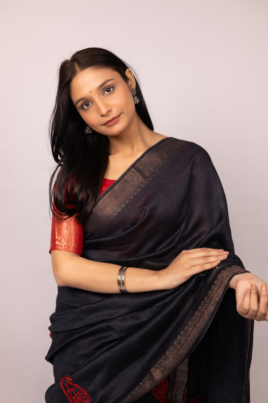 Urvashi | Ebony Black Moonga Silk Chikankari Saree