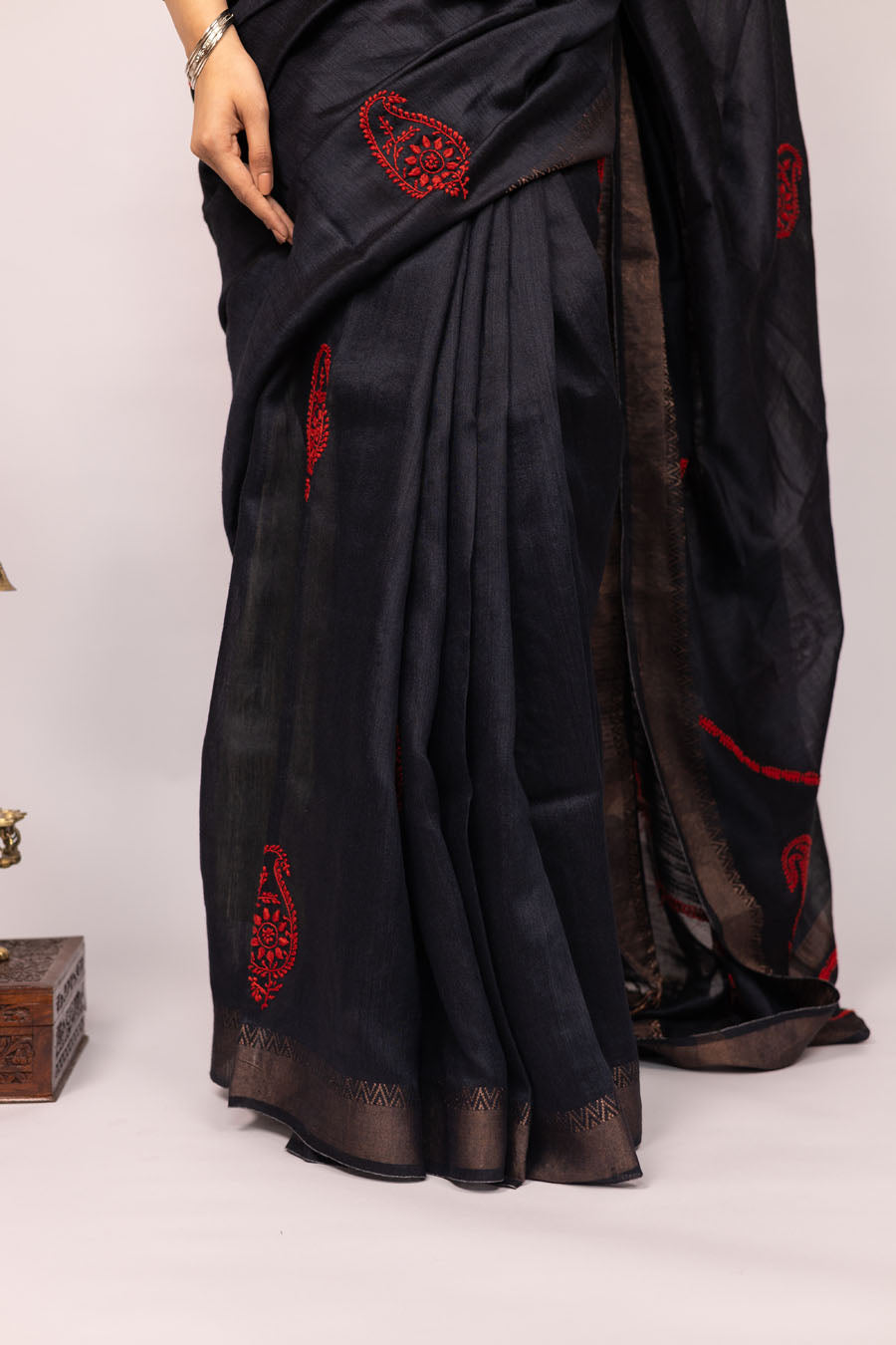 Urvashi | Ebony Black Moonga Silk Chikankari Saree