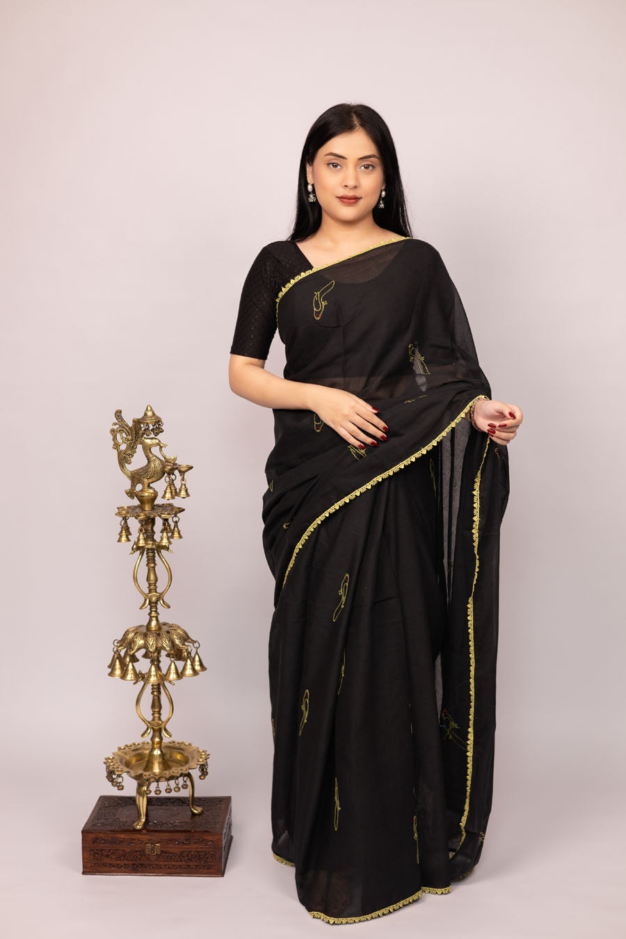 Vidushi | Imperial Black Mul Cotton Saree with Chikankari Embroidery