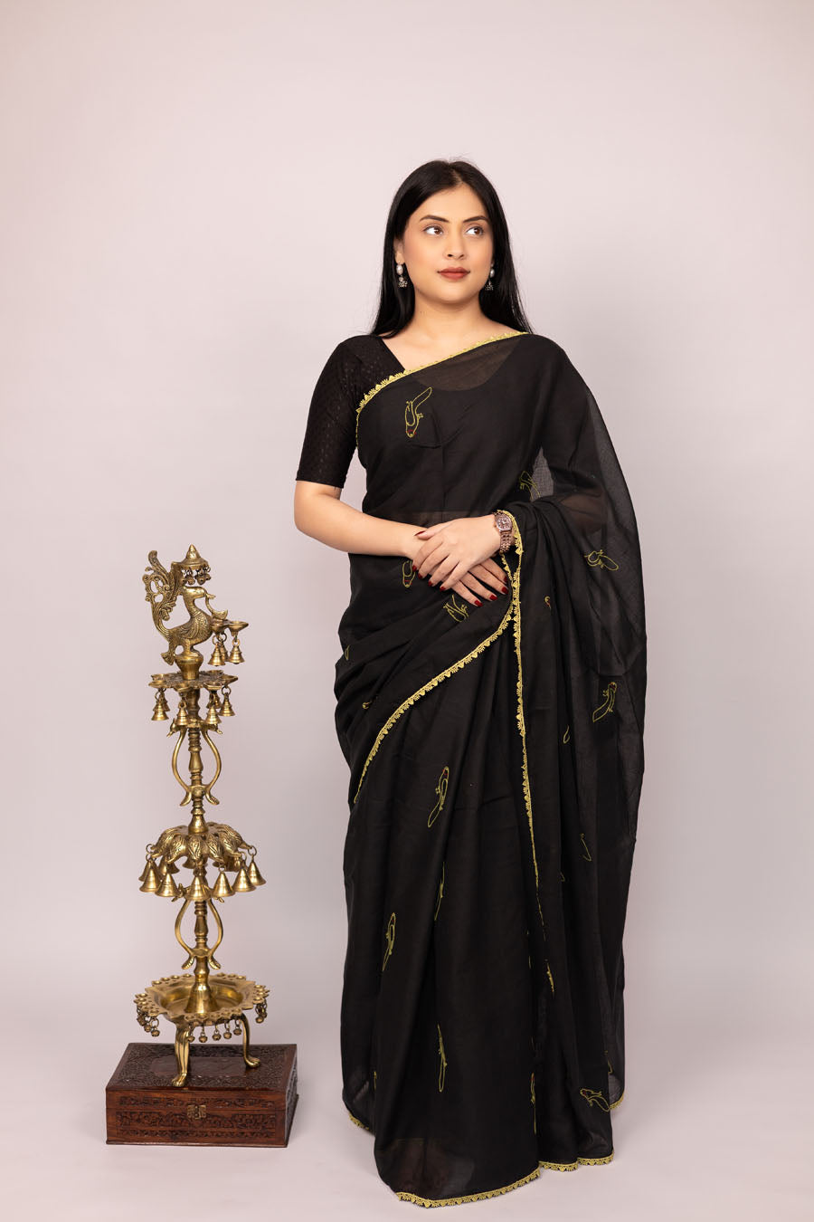 Vidushi | Imperial Black Mul Cotton Saree with Chikankari Embroidery