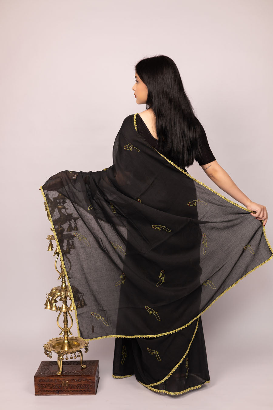 Vidushi | Imperial Black Mul Cotton Saree with Chikankari Embroidery