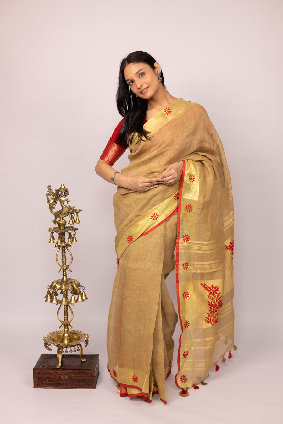 Vidushi | Nude Gold Linen Saree with Chikankari Embroidery