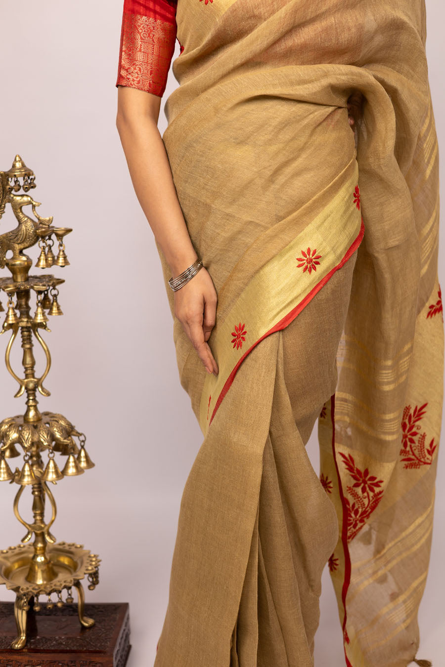 Vidushi | Nude Gold Linen Saree with Chikankari Embroidery