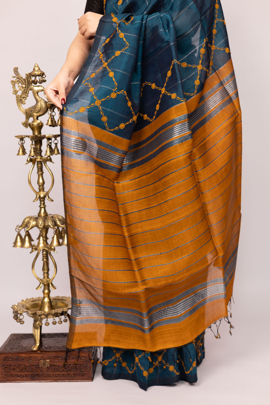Vidushi | Meadow green Mangalgiri Pattu silk Chikankari Saree
