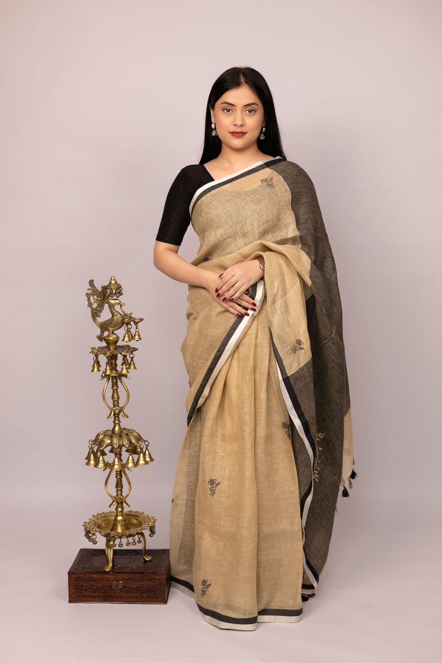 Vidushi | Soft Mocha beige Linen Saree with Chikankari Embroidery