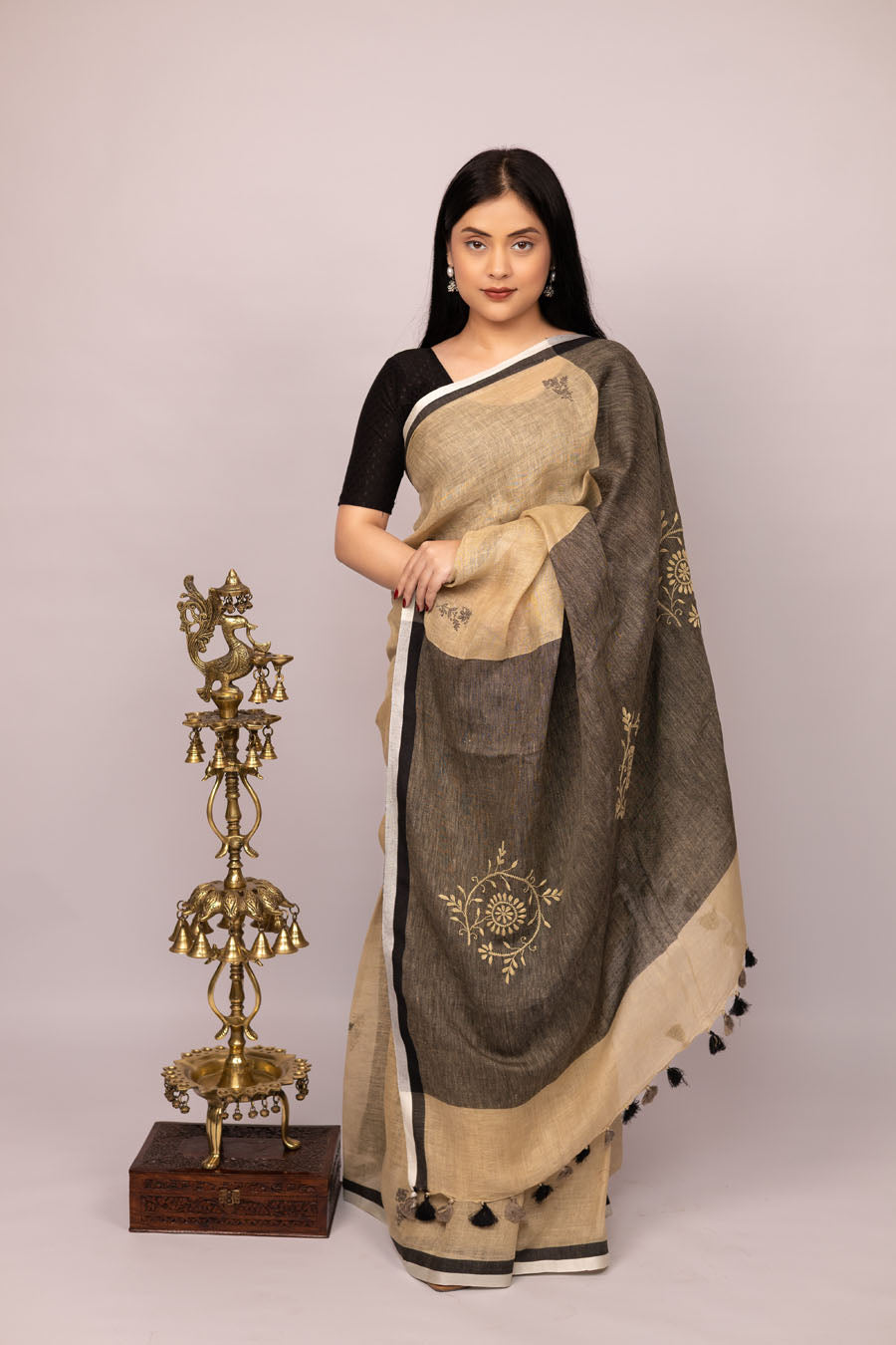 Vidushi | Soft Mocha beige Linen Saree with Chikankari Embroidery
