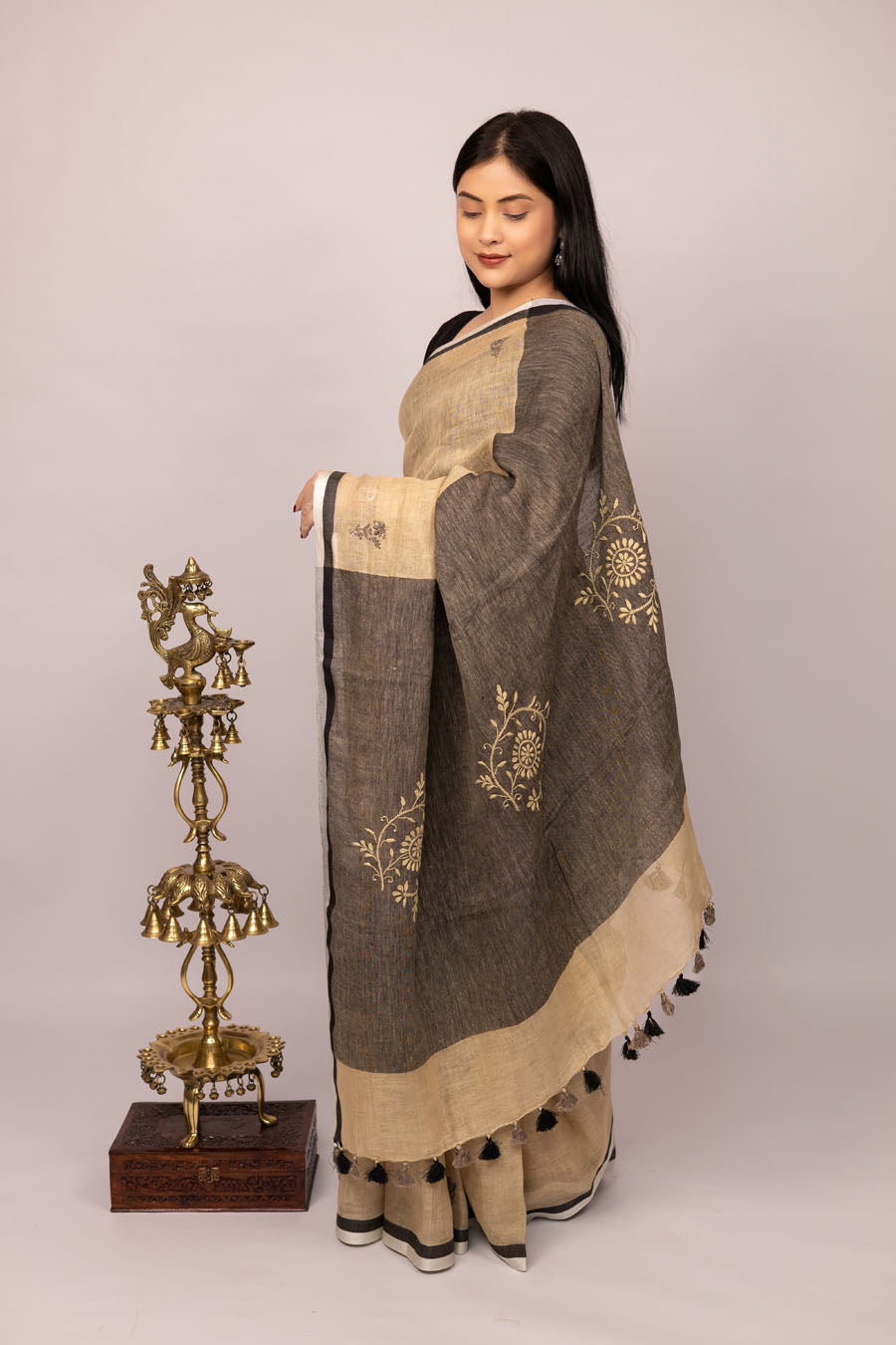 Vidushi | Soft Mocha beige Linen Saree with Chikankari Embroidery