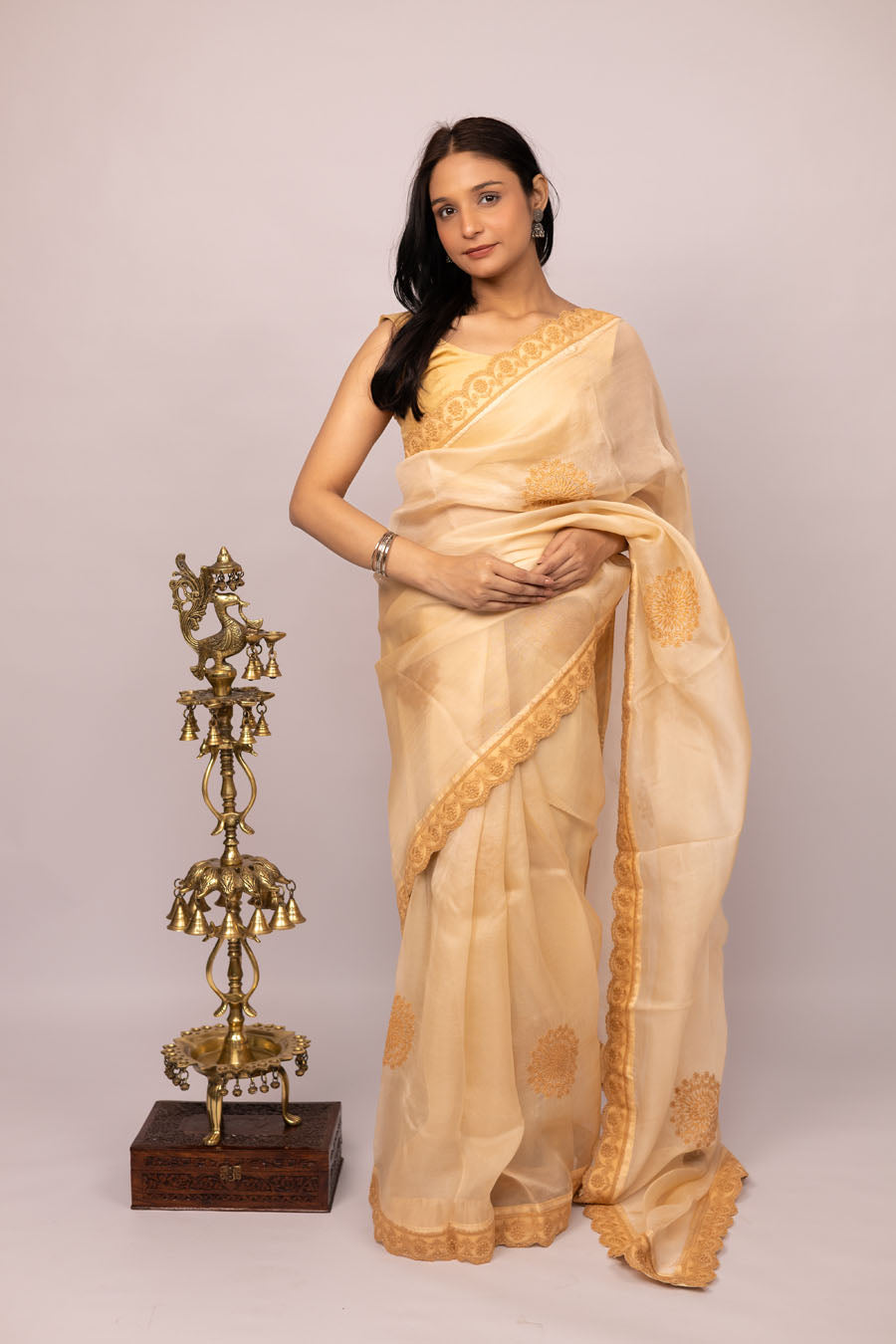 Urvashi | Latte Beige Organza Silk Saree with intricate Chikankari