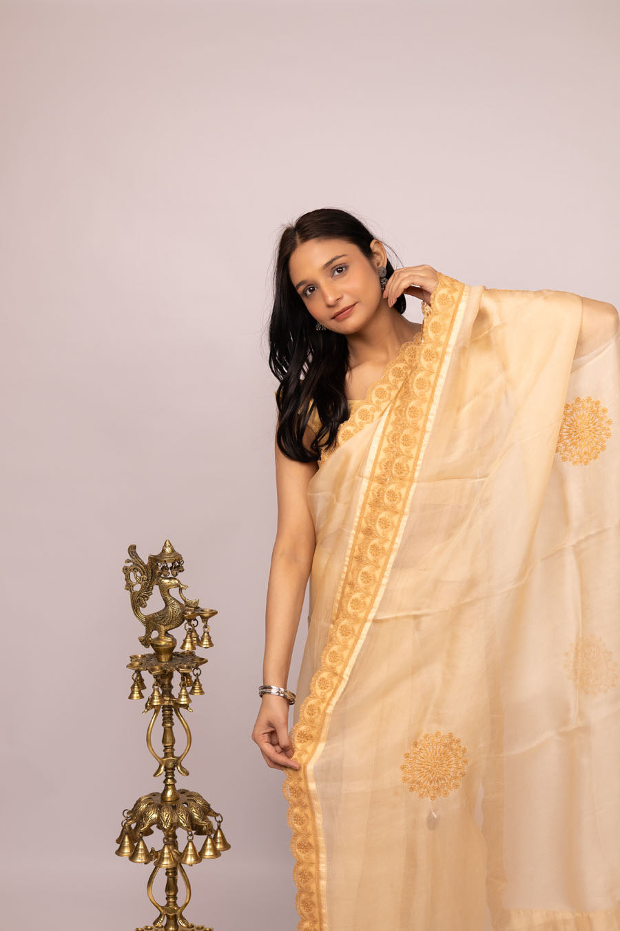 Urvashi | Latte Beige Organza Silk Saree with intricate Chikankari