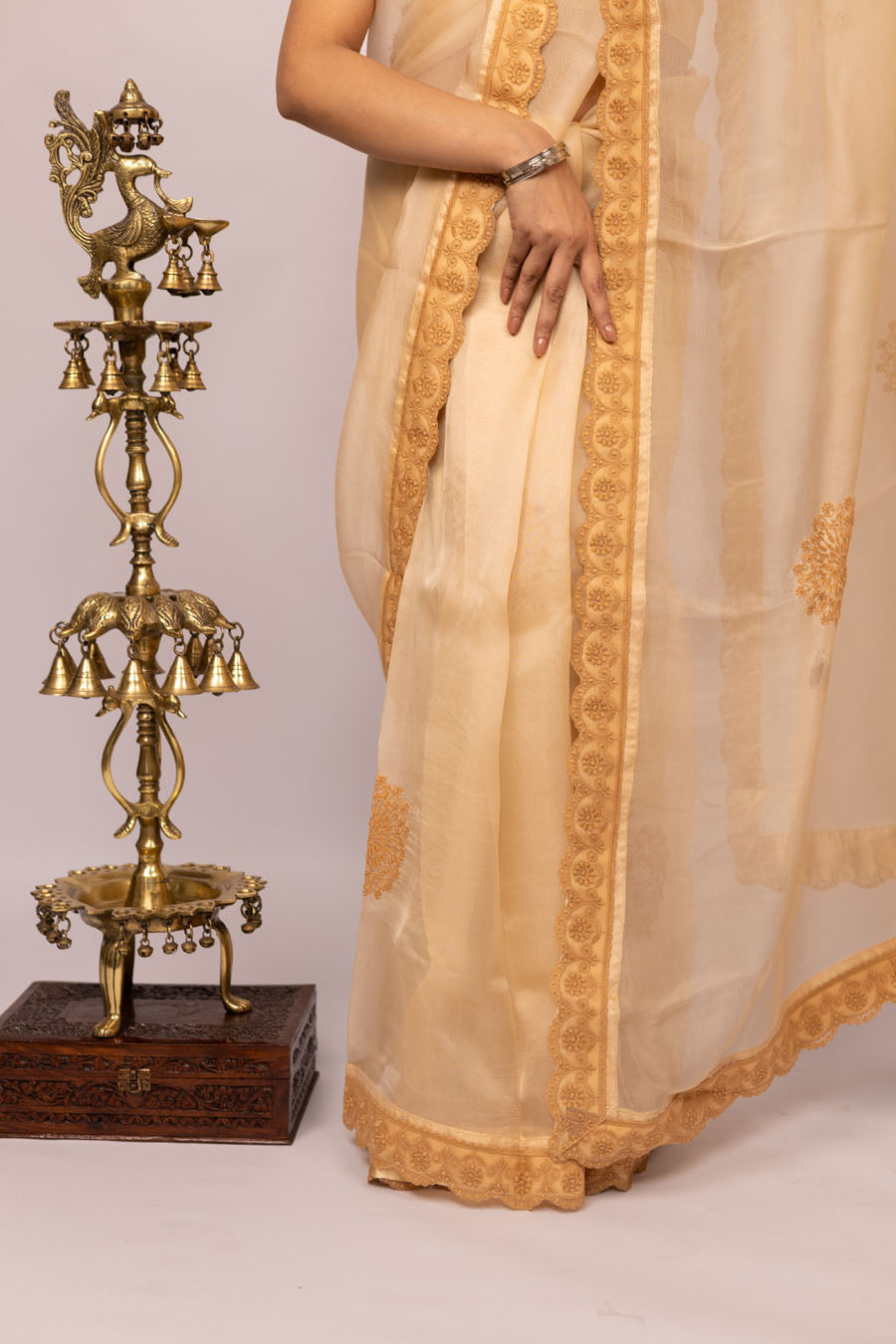 Urvashi | Latte Beige Organza Silk Saree with intricate Chikankari