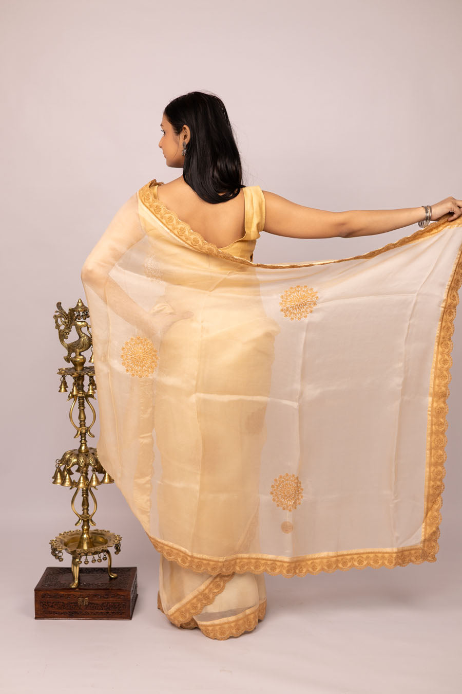 Urvashi | Latte Beige Organza Silk Saree with intricate Chikankari