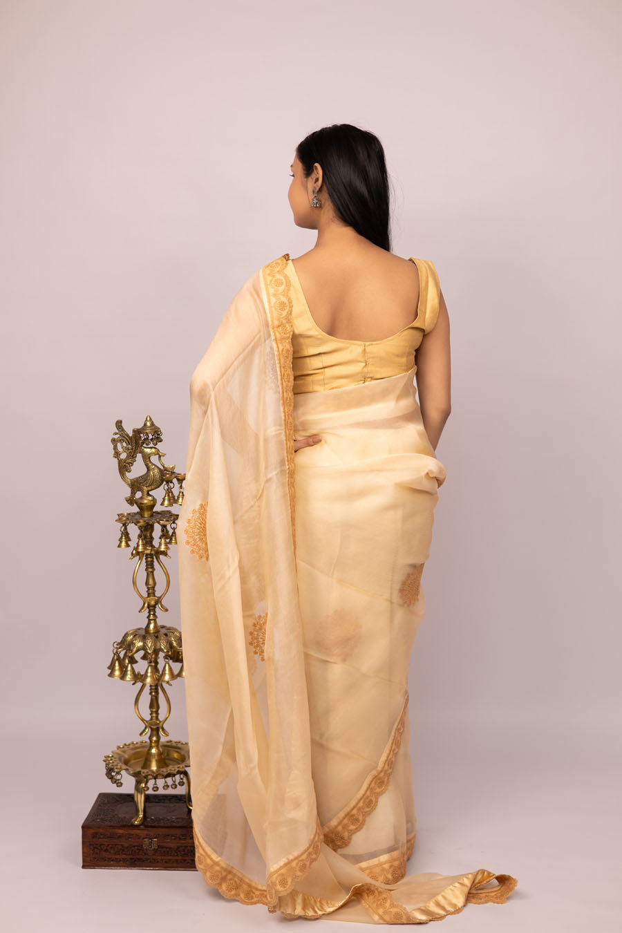 Urvashi | Latte Beige Organza Silk Saree with intricate Chikankari