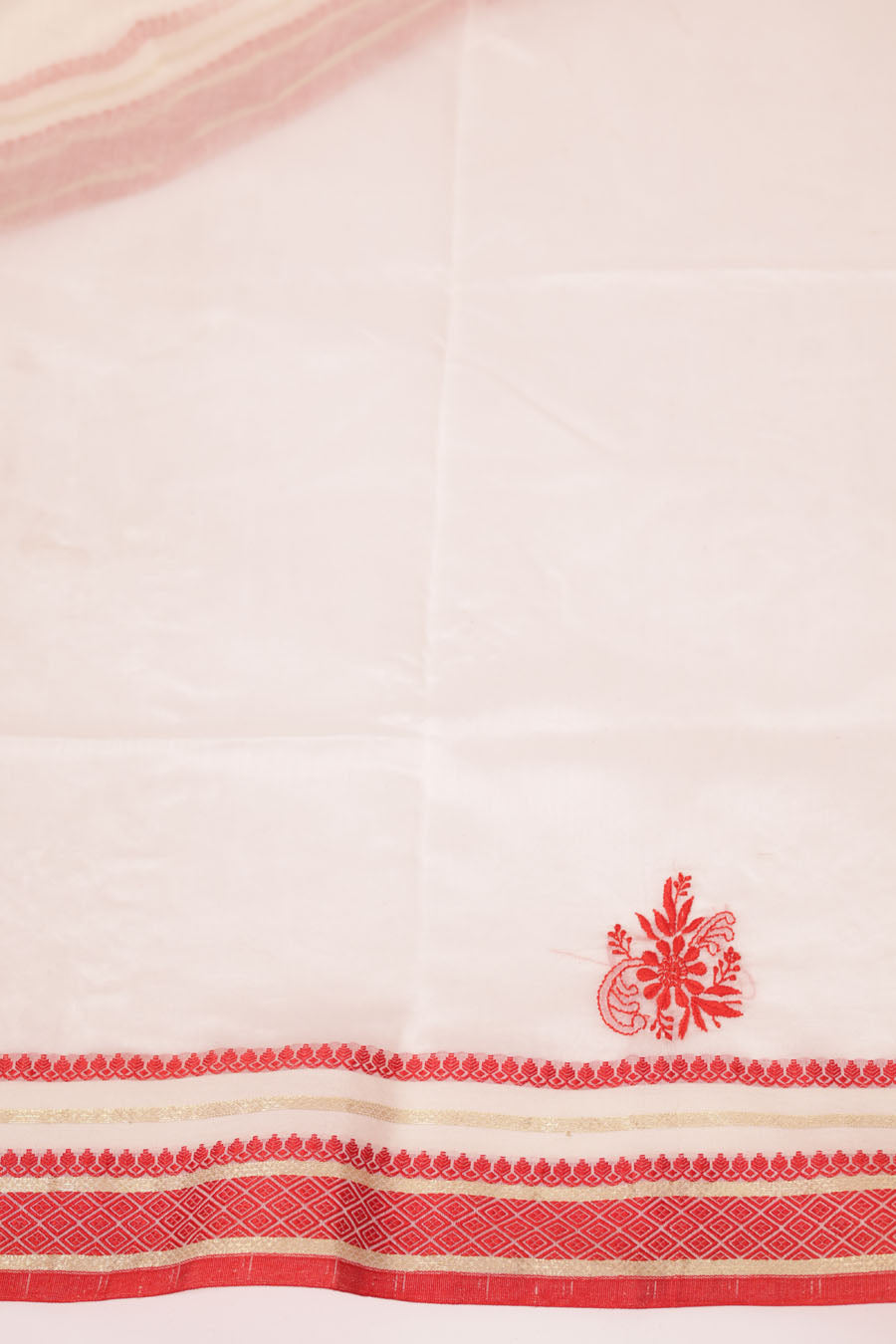 Vidushi | Imperial Off White & Red Mangalgiri cotton Chikankari Saree