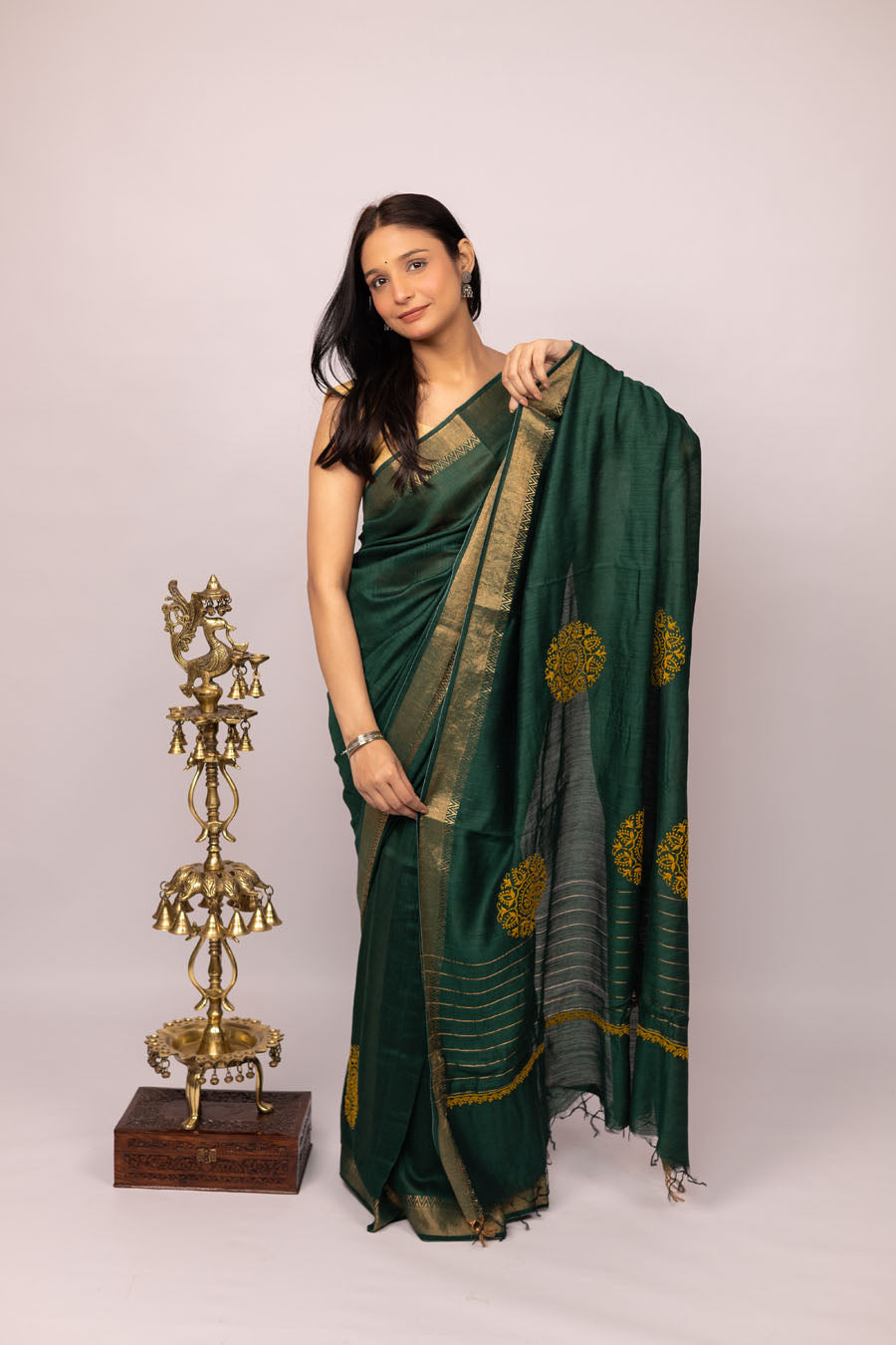 Urvashi | Emerald Green Moonga Silk Saree with Chikankari embroidery