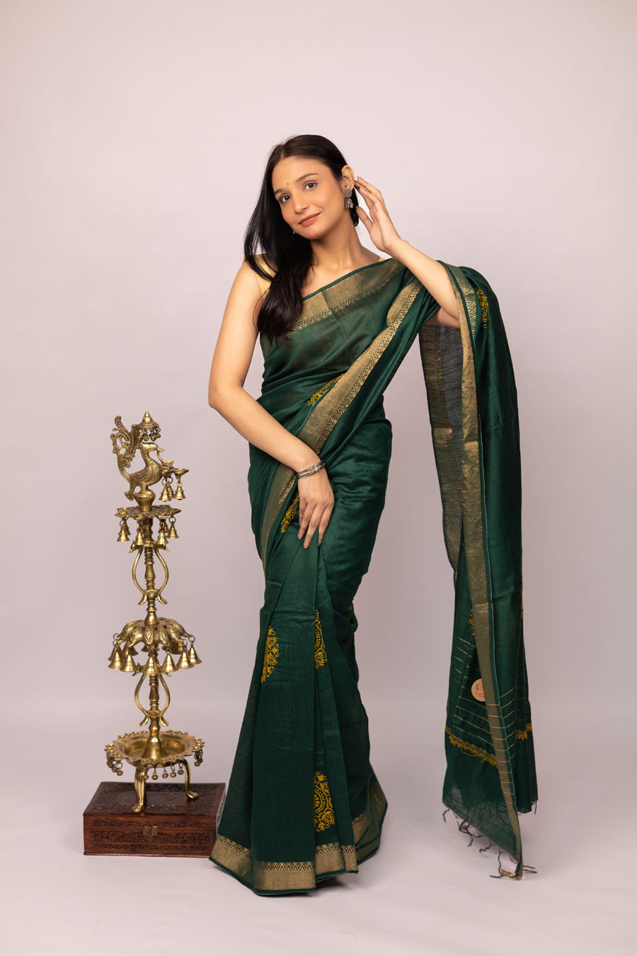 Urvashi | Emerald Green Moonga Silk Saree with Chikankari embroidery