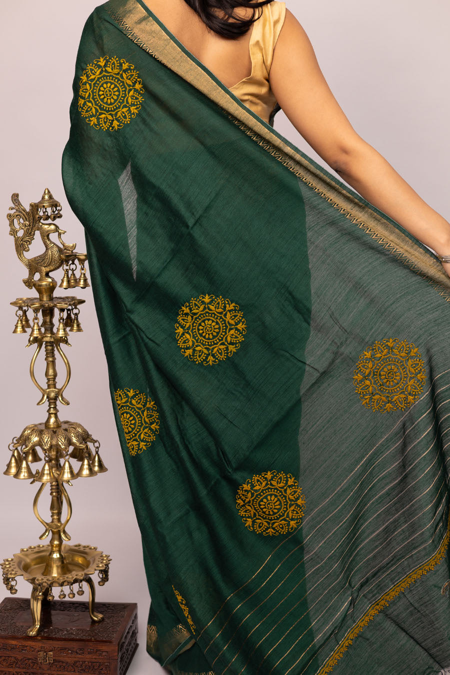 Urvashi | Emerald Green Moonga Silk Saree with Chikankari embroidery