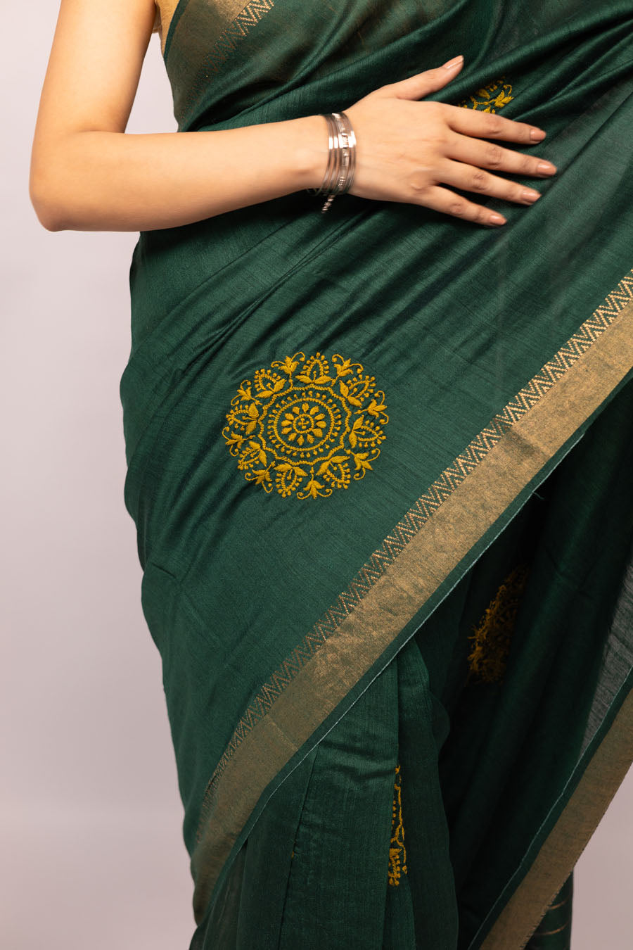 Urvashi | Emerald Green Moonga Silk Saree with Chikankari embroidery