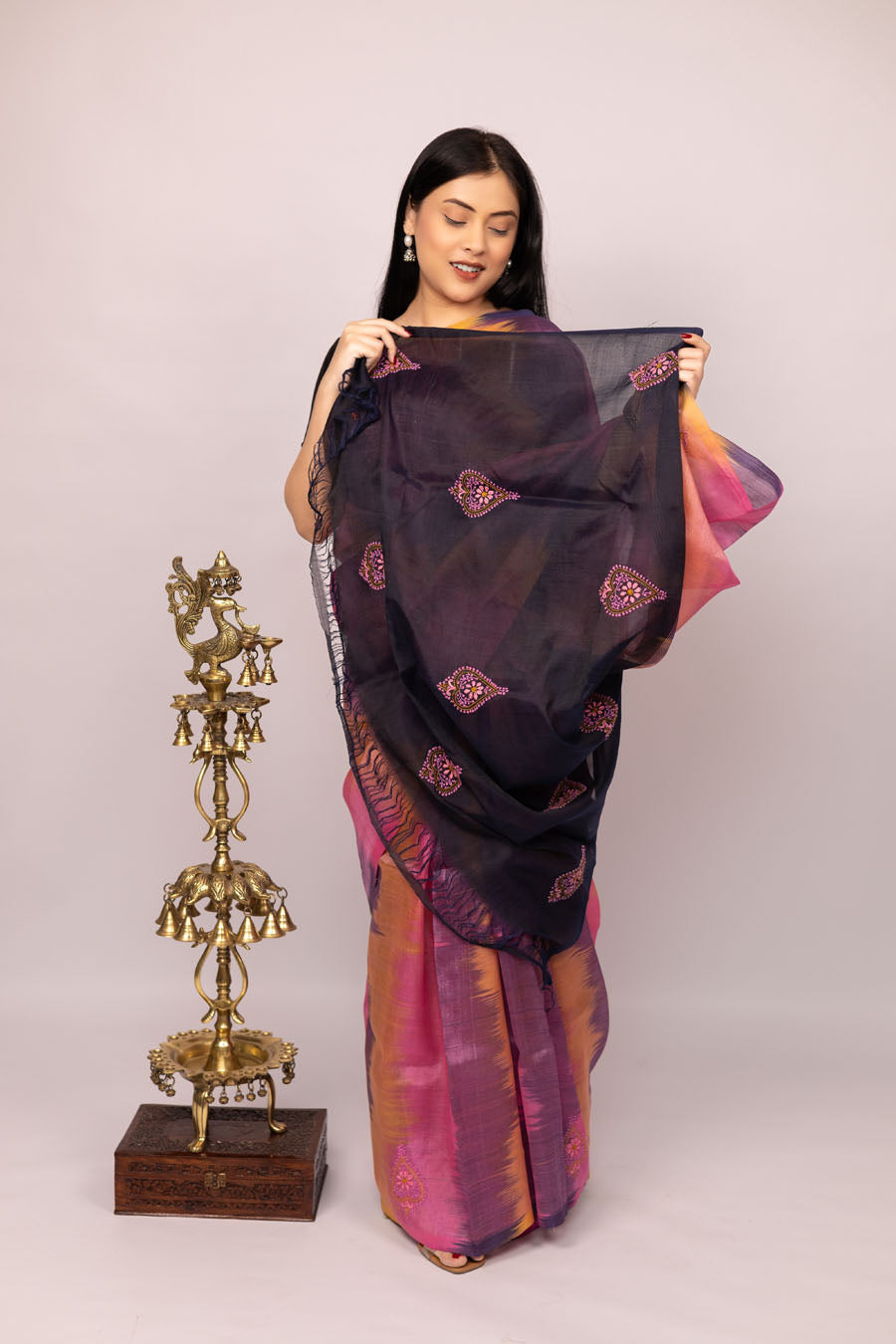 Surmayi | Flamingo Pink Mangalgiri Pattu Silk Chikankari Saree