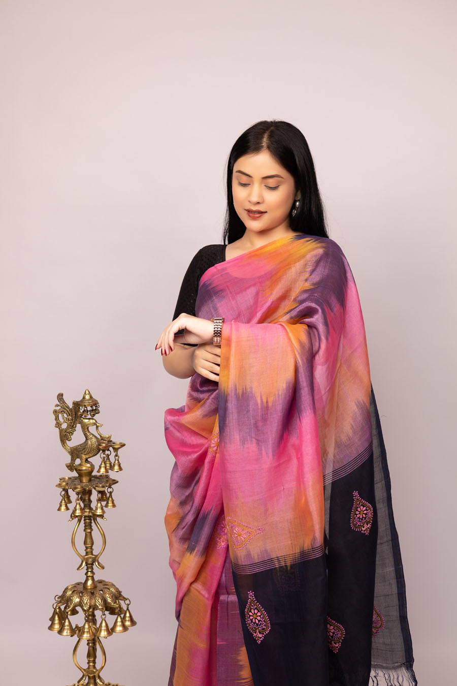 Surmayi | Flamingo Pink Mangalgiri Pattu Silk Chikankari Saree