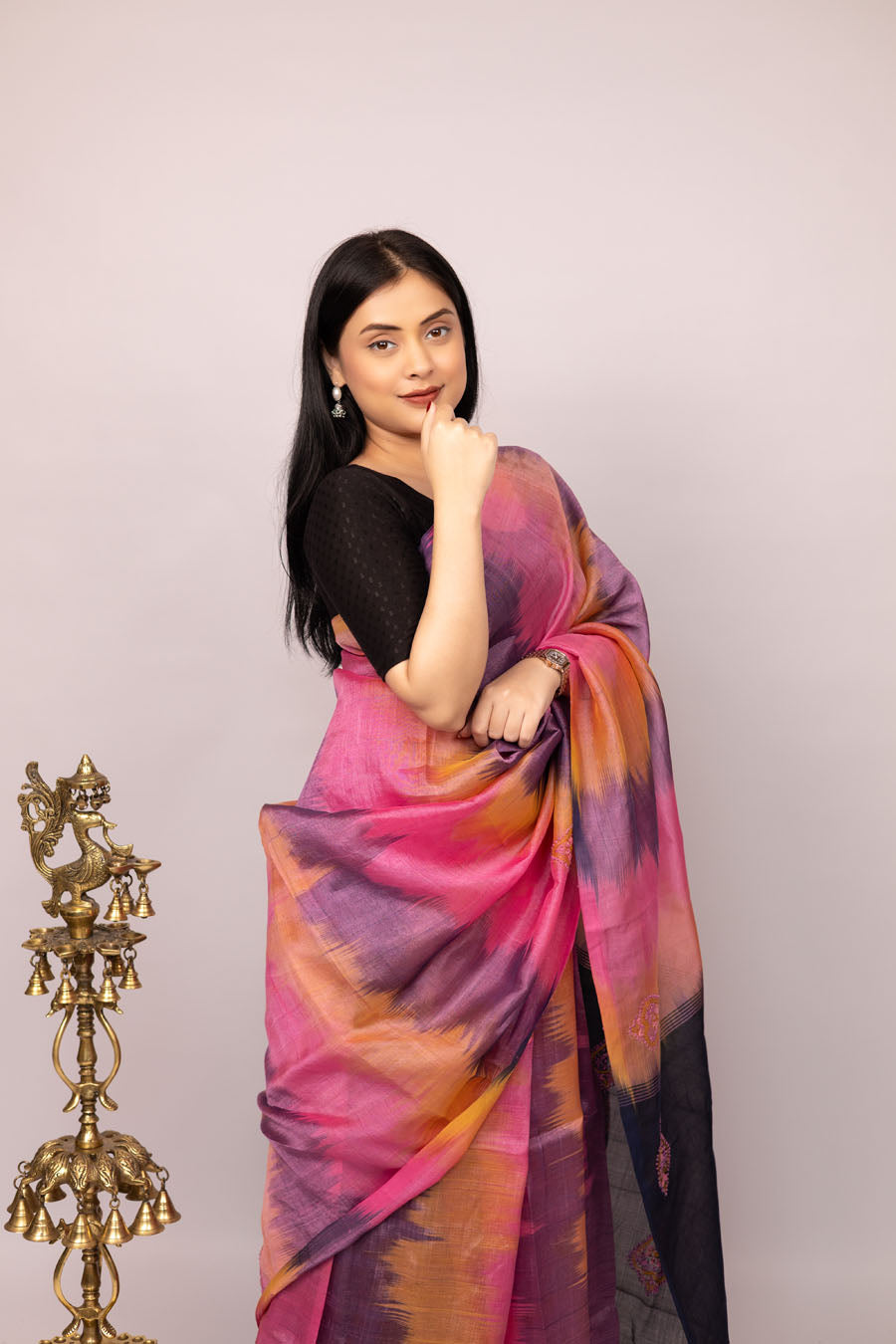Surmayi | Flamingo Pink Mangalgiri Pattu Silk Chikankari Saree