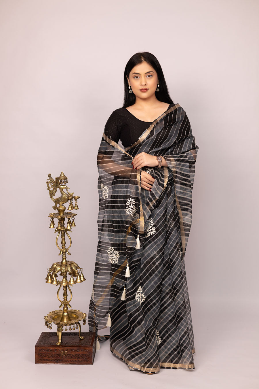 Surmayi | Midnight Black Kota silk Leheriya Chikankari Saree