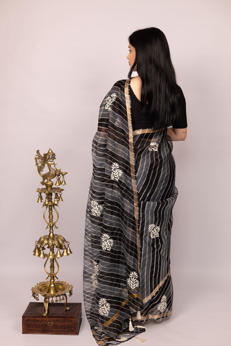 Surmayi | Midnight Black Kota silk Leheriya Chikankari Saree