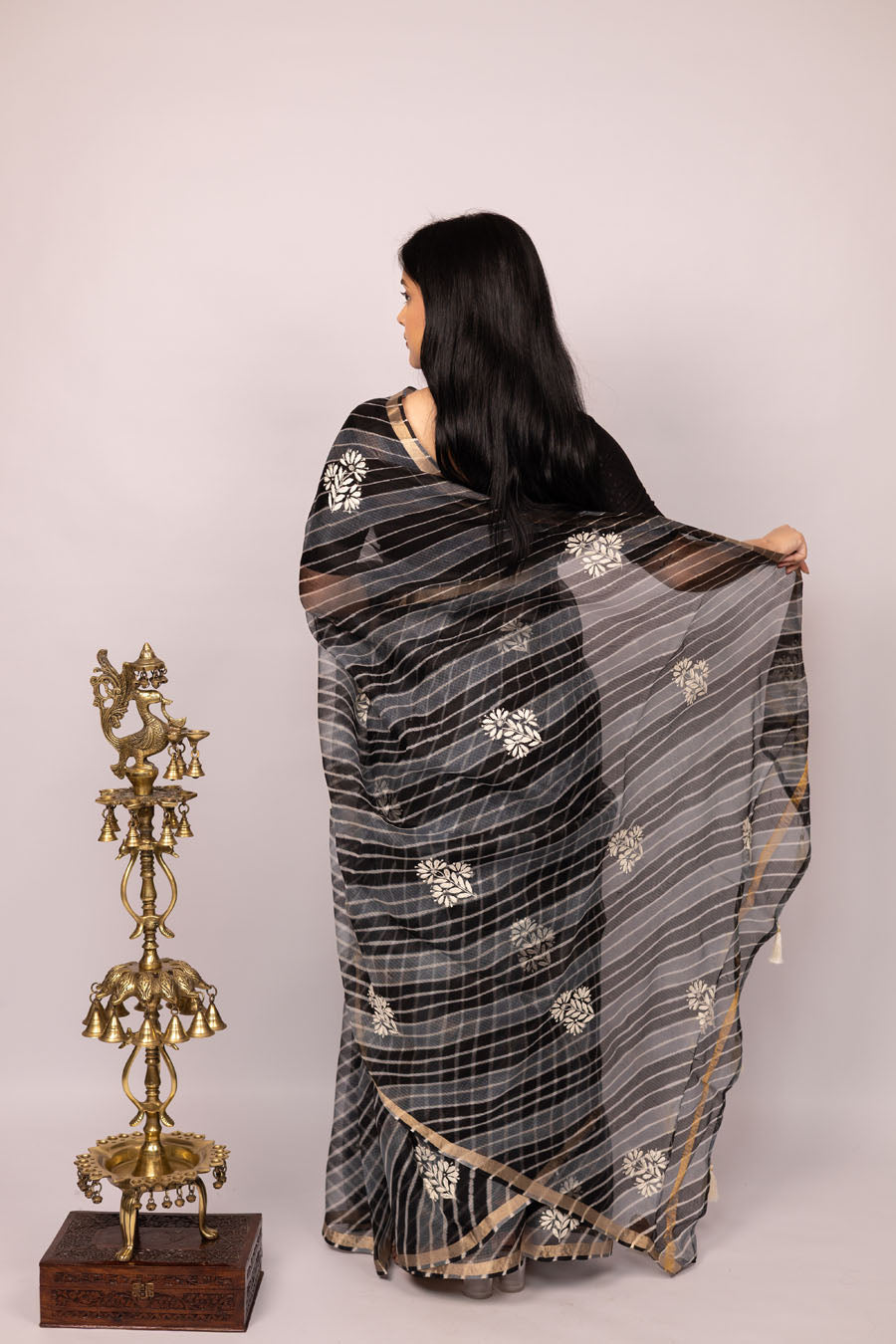 Surmayi | Midnight Black Kota silk Leheriya Chikankari Saree