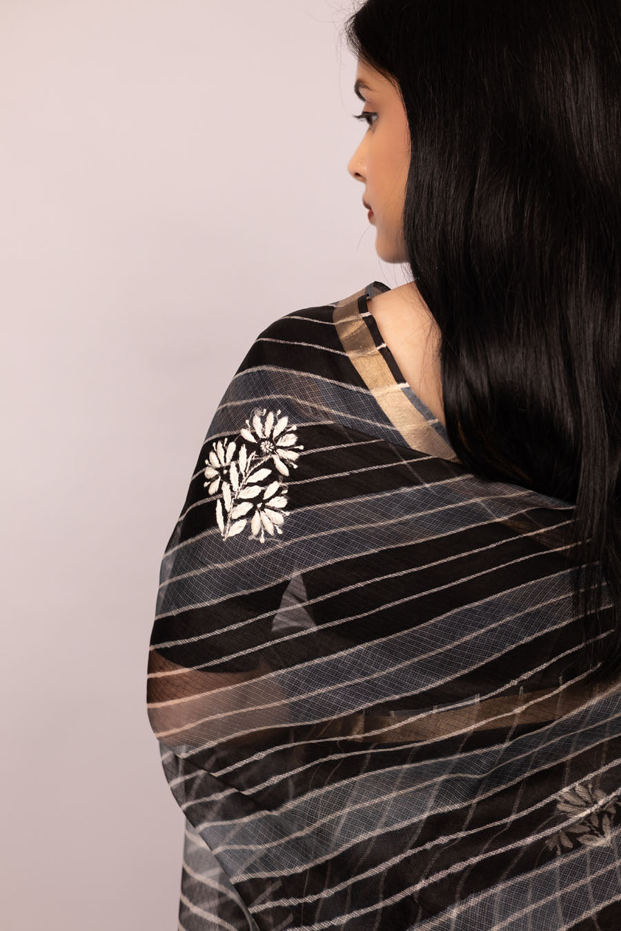 Surmayi | Midnight Black Kota silk Leheriya Chikankari Saree