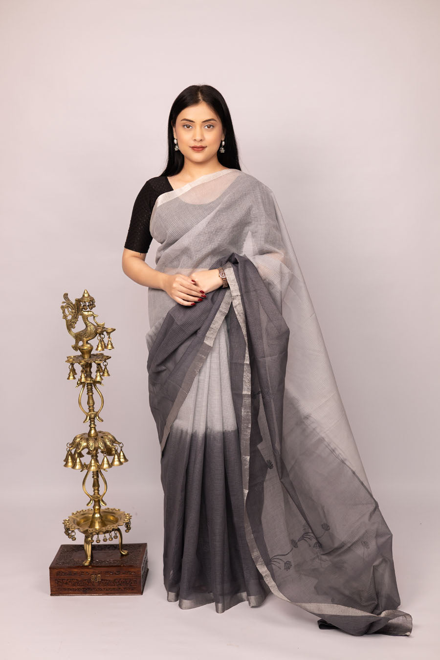 Vidushi | Fog mist Grey Kotadoriya  Cotton Chikankari Saree