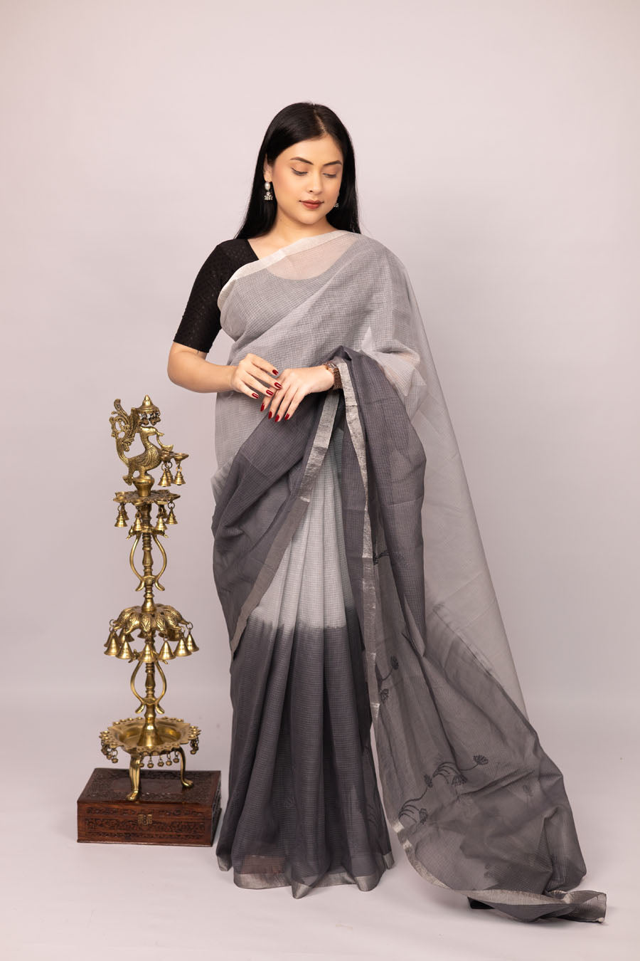 Vidushi | Fog mist Grey Kotadoriya  Cotton Chikankari Saree