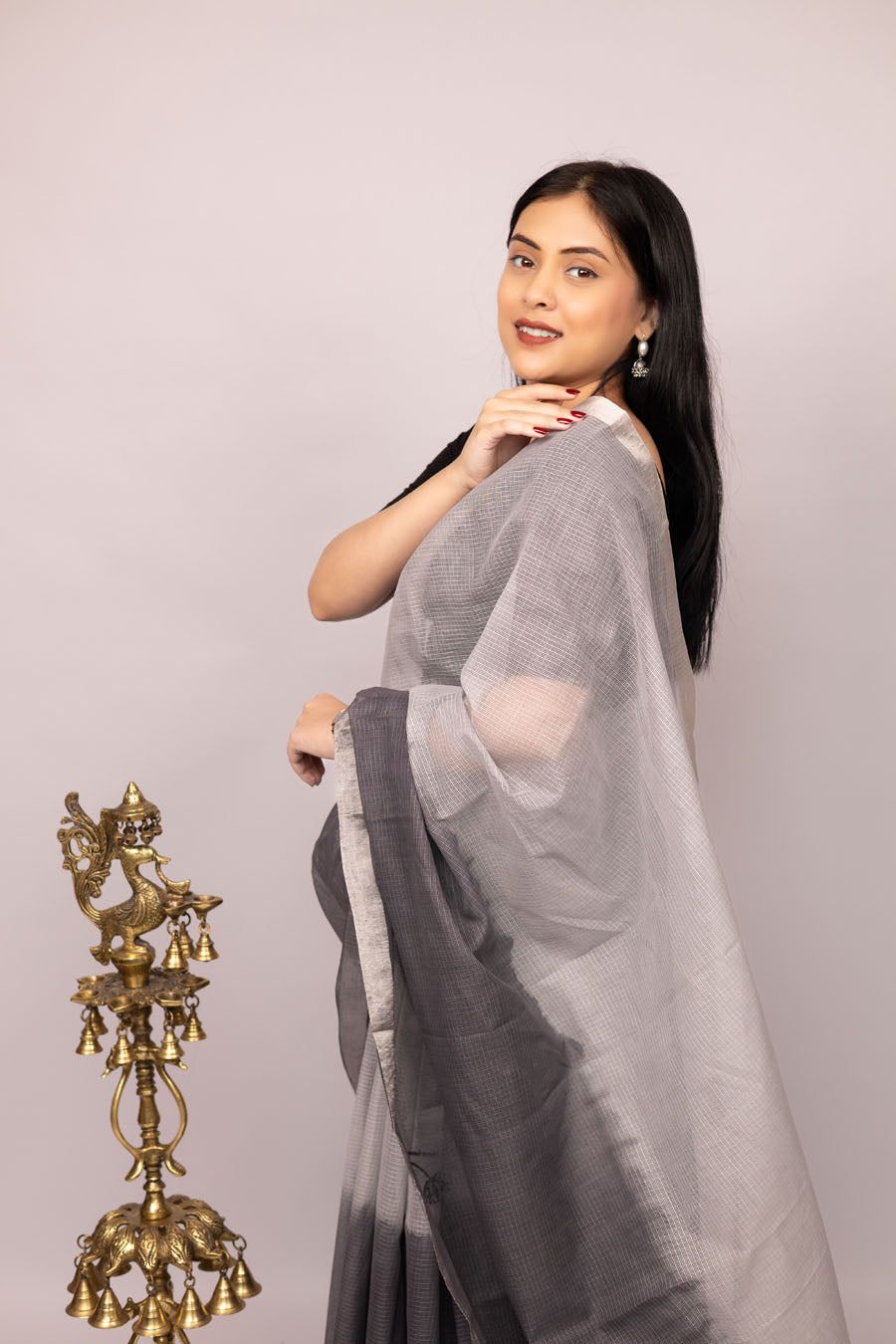 Vidushi | Fog mist Grey Kotadoriya  Cotton Chikankari Saree